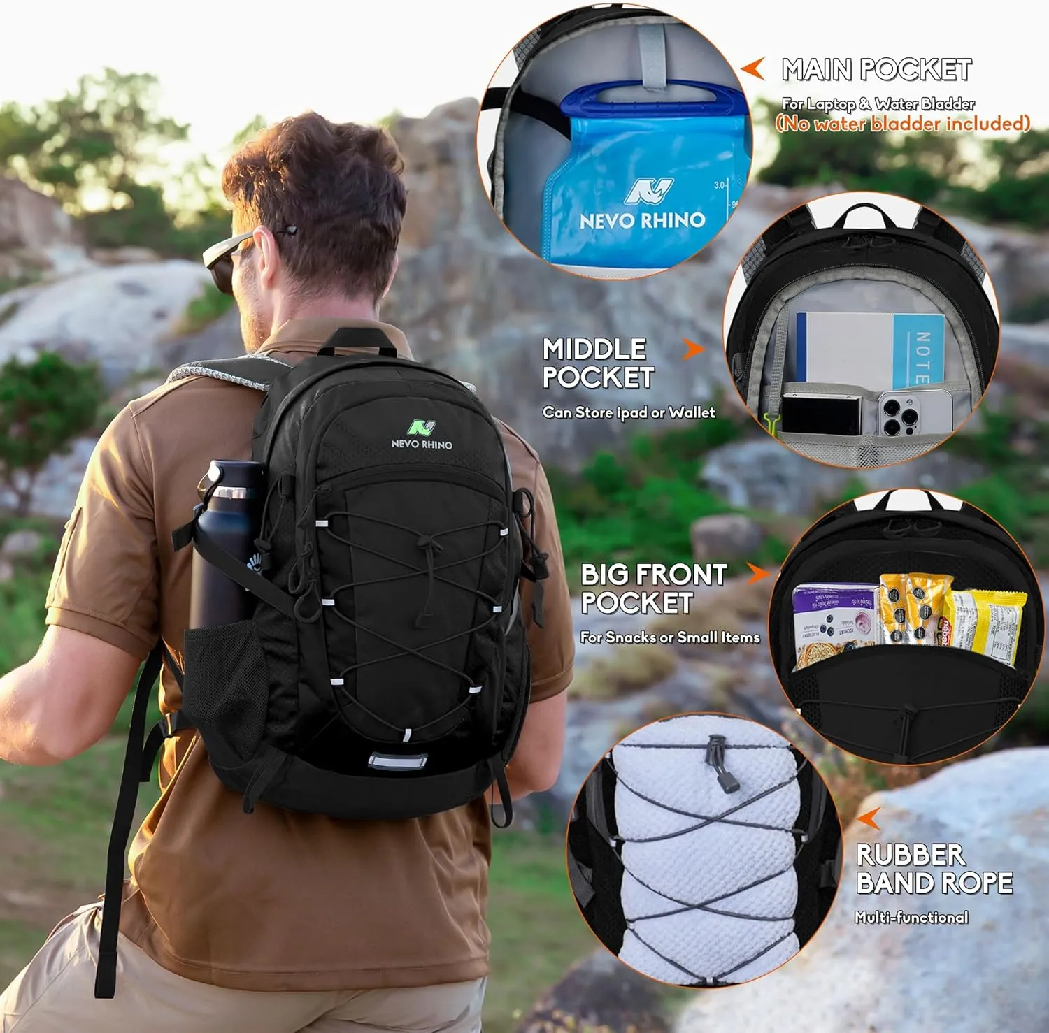 N NEVO RHINO Hiking Backpack 25L/35L Water Resistant Outdoor Day Pack, Lightweight Travel Small Backpack for Men Women