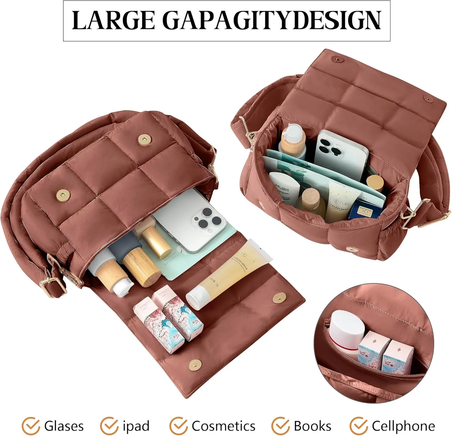 NAARIIAN Crossbody Bag for Women Quilted Puffer Purse Fashion Lightweight Travel Handbags Cute Small Shoulder Bag