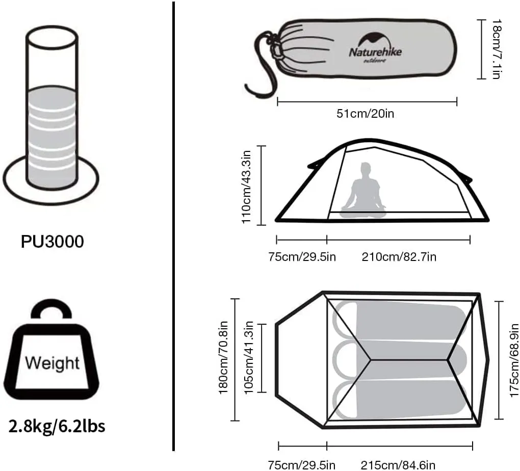 Naturehike Cloud-Up 3 Person Lightweight Backpacking Tent with Footprint - 3 Season Free Standing Dome Camping Hiking Waterproof Backpack Tents