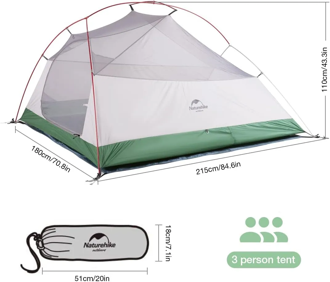 Naturehike Cloud-Up 3 Person Lightweight Backpacking Tent with Footprint - 3 Season Free Standing Dome Camping Hiking Waterproof Backpack Tents