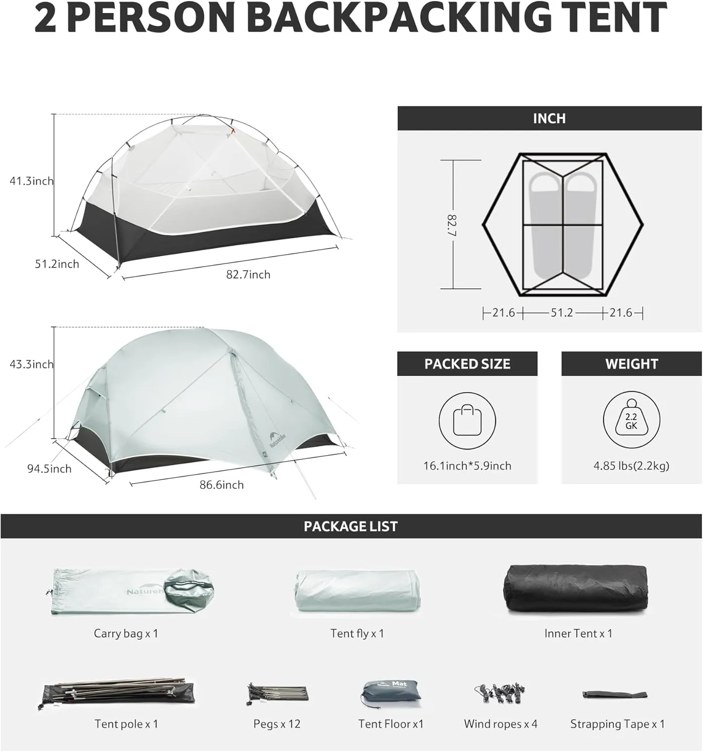Naturehike Mongar UL 1/2Person Backpacking Tent,15D Nylon Waterproof Ultralight 1-2 Person Tent with Footprint