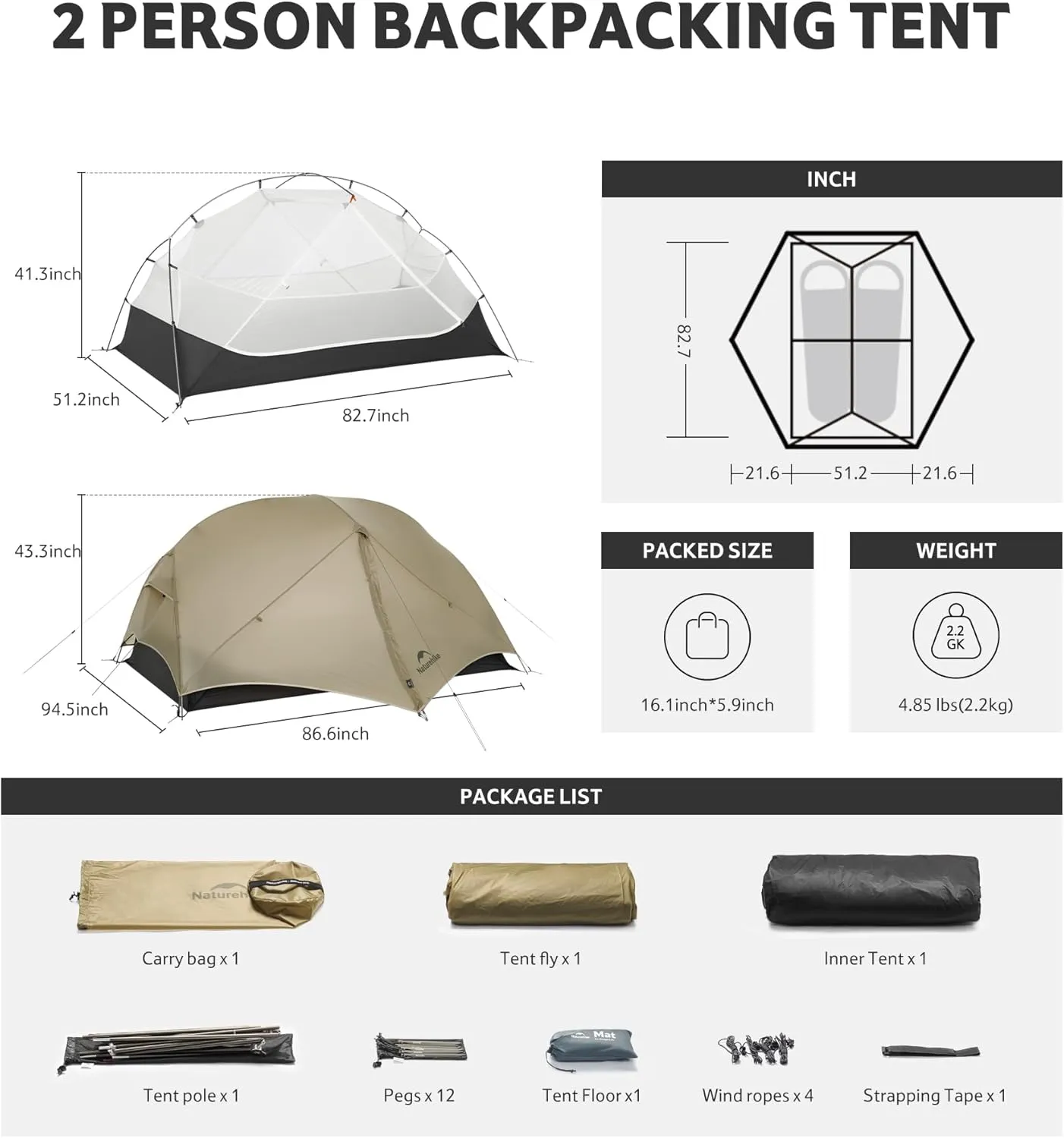 Naturehike Mongar UL 1/2Person Backpacking Tent,15D Nylon Waterproof Ultralight 1-2 Person Tent with Footprint