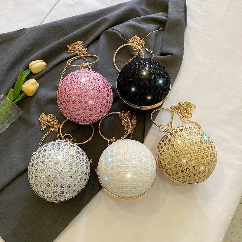 New Women Evening Bag Diamond Set Retro Wedding Shoulder Bag Girl Party Crossbody Chain Round Ball Small Handbag