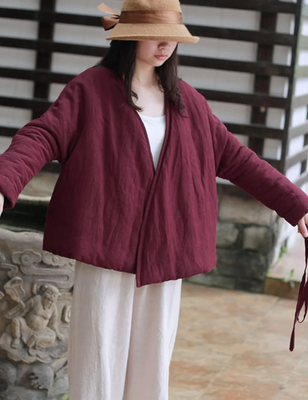 NFYM Women's Short Quilted Jacket Wrap Coat Belted Cotton Linen V-Neck Retro Winter Padded Outwear