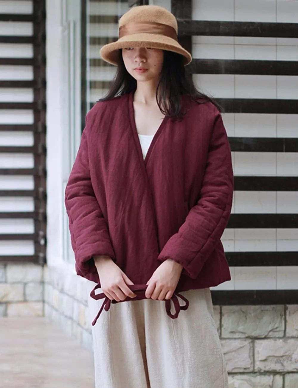 NFYM Women's Short Quilted Jacket Wrap Coat Belted Cotton Linen V-Neck Retro Winter Padded Outwear