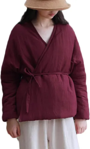 NFYM Women's Short Quilted Jacket Wrap Coat Belted Cotton Linen V-Neck Retro Winter Padded Outwear