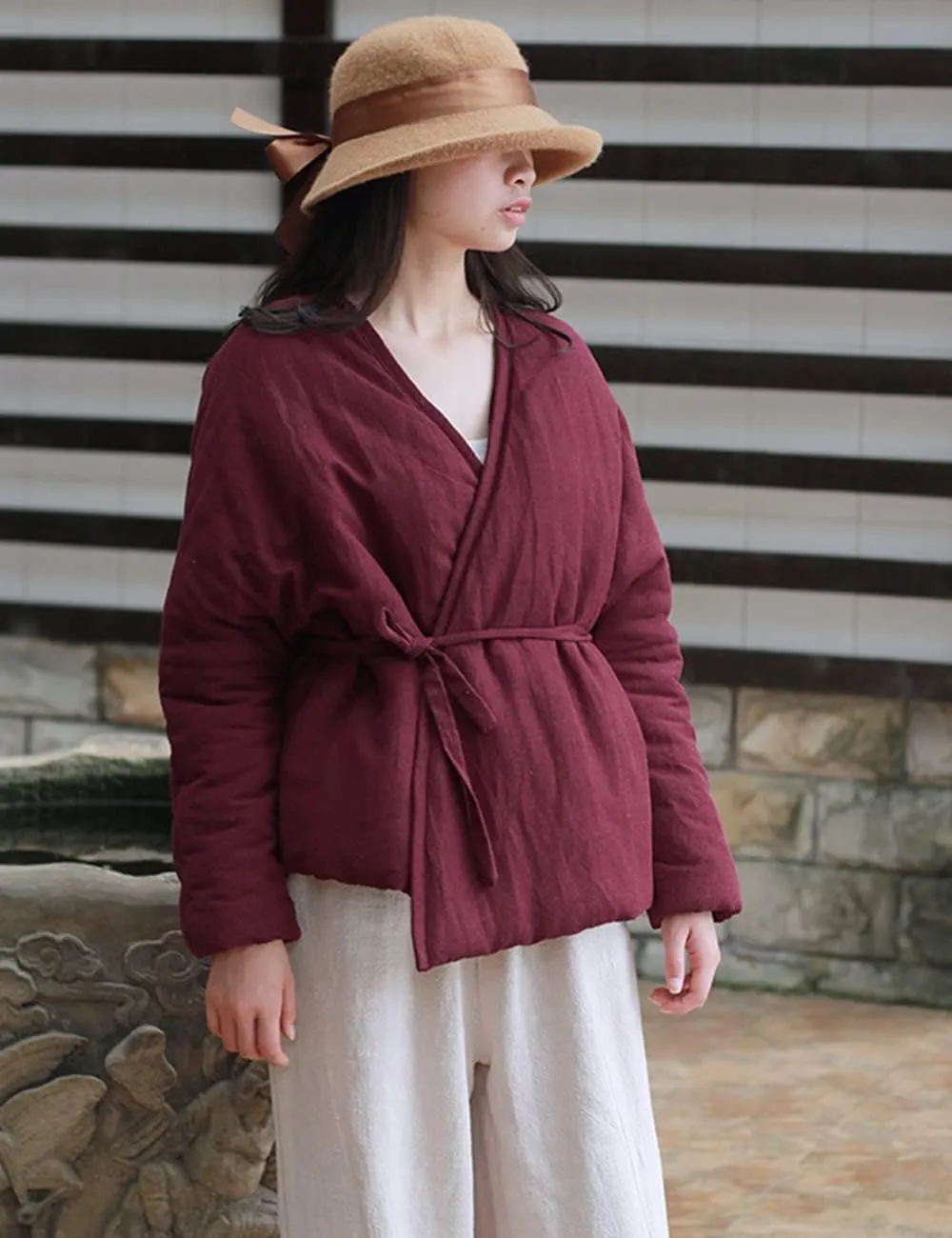 NFYM Women's Short Quilted Jacket Wrap Coat Belted Cotton Linen V-Neck Retro Winter Padded Outwear