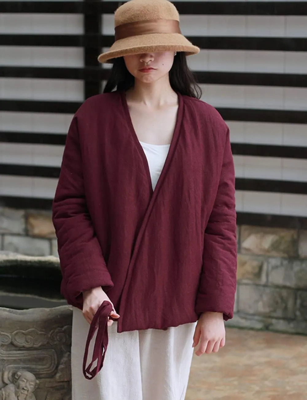 NFYM Women's Short Quilted Jacket Wrap Coat Belted Cotton Linen V-Neck Retro Winter Padded Outwear