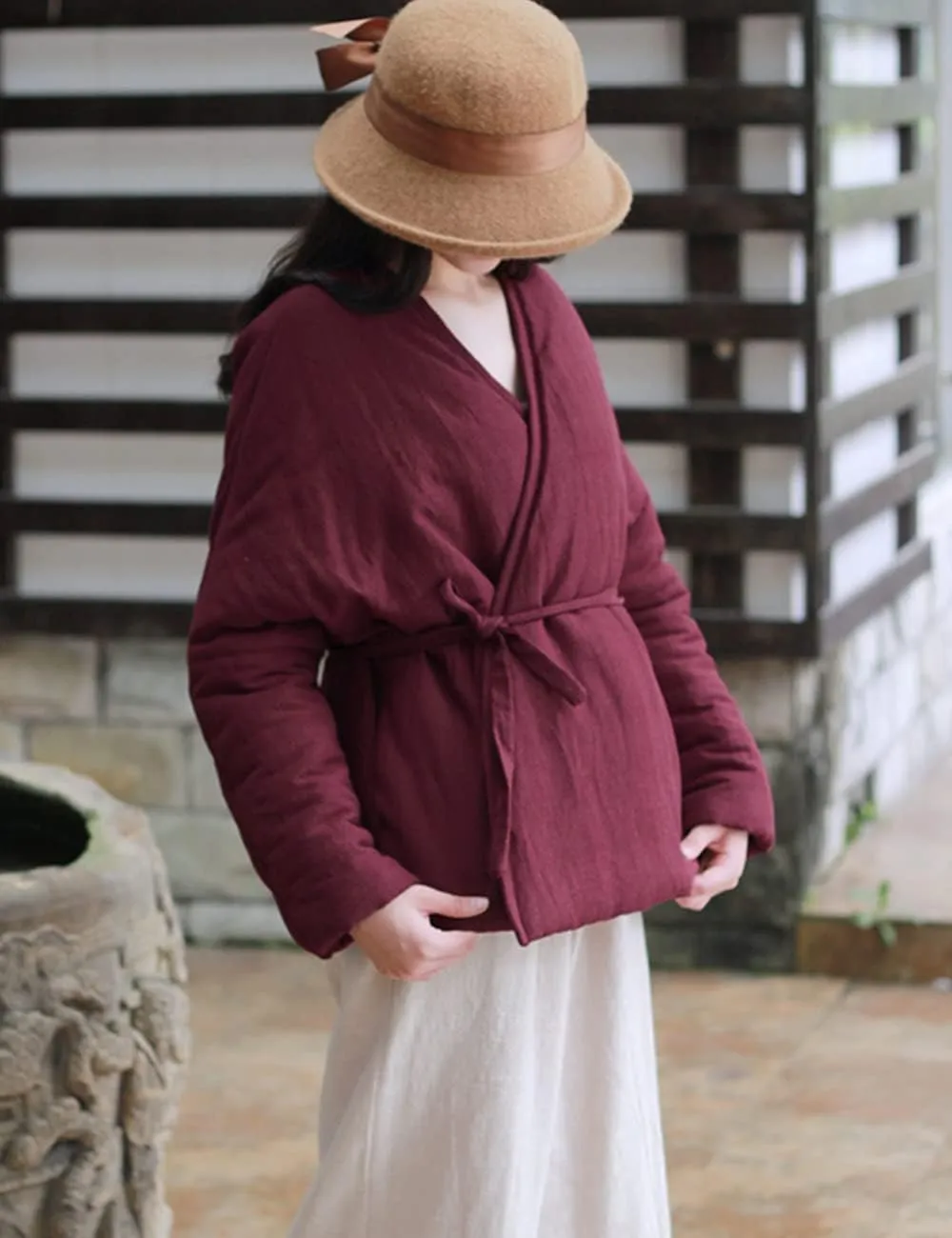 NFYM Women's Short Quilted Jacket Wrap Coat Belted Cotton Linen V-Neck Retro Winter Padded Outwear