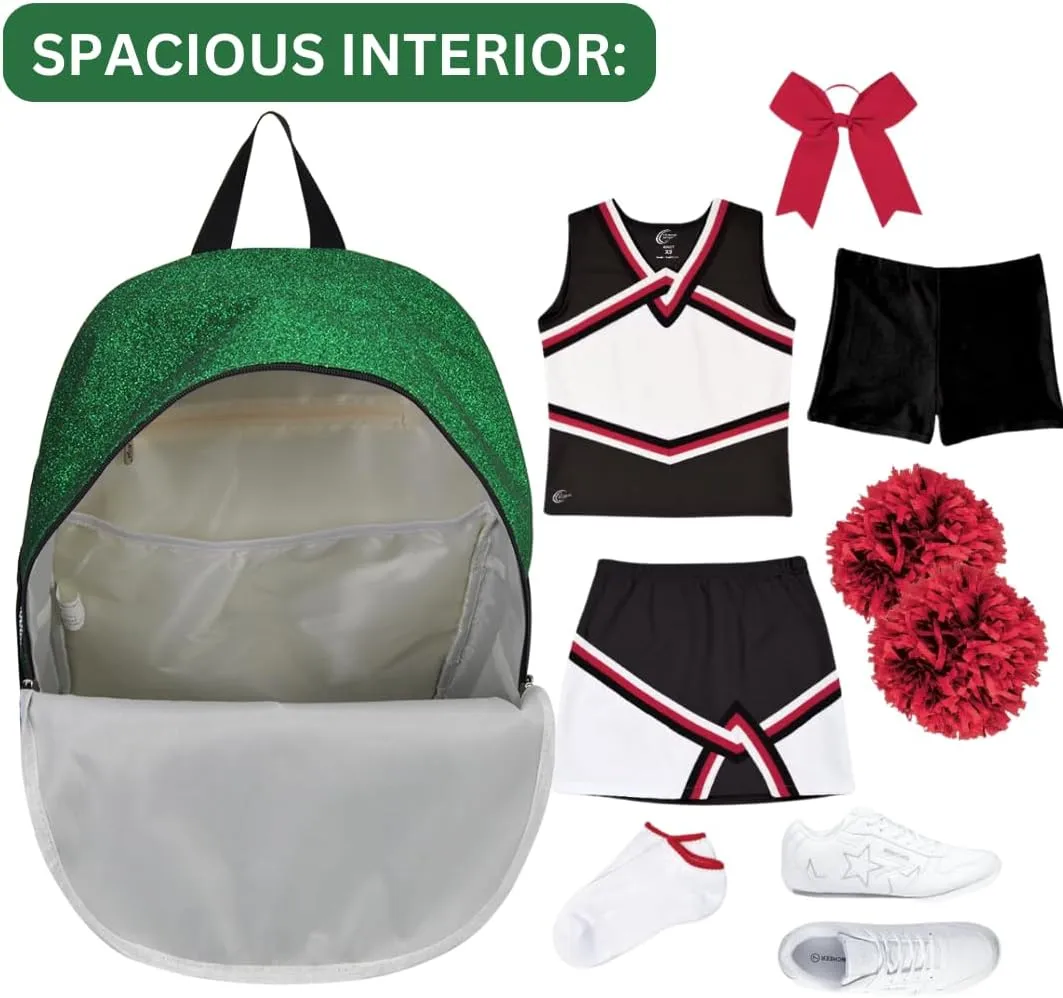 NGIL Large Glitter Cheer Backpack for Competitions, Dance, and Practice – Cheerleading Bag with Accessories Storage, Sparkle Bookbag for Cheerleaders, Coaches, and Competition Gear (Glitter-Green)