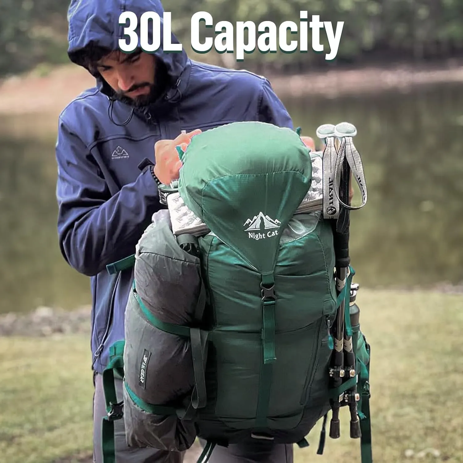 Night Cat Internal-frame Hiking Backpack: 30L Camping Backpack for Men Women Lightweight Waterproof Green