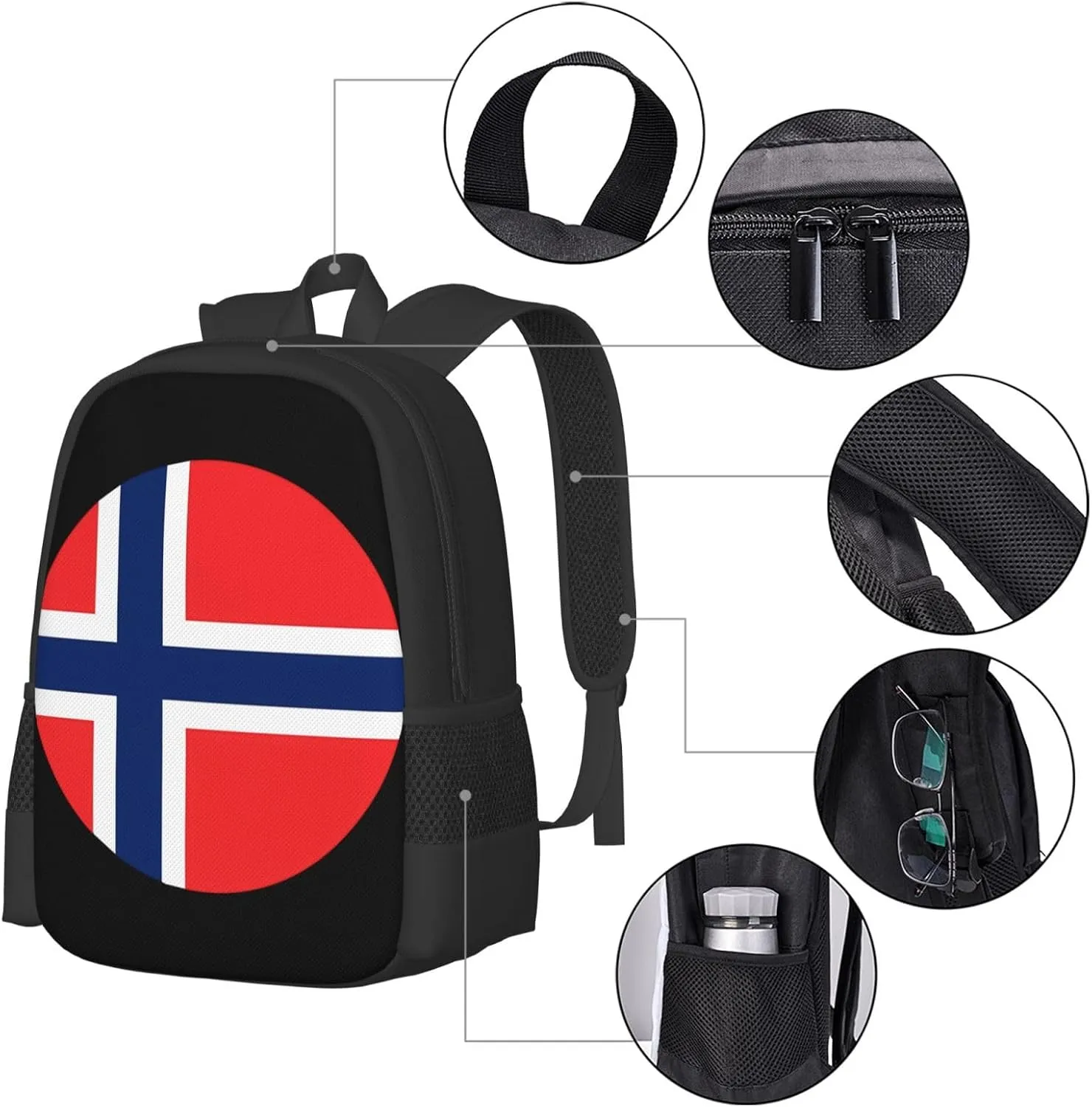 Norway Norwegian Flag Round Travel Backpack Casual Backpacks 15 Inch Laptop Back Pack Lightweight Rucksack Outdoor Sport Daypack Large Bags for Working Camping Hiking