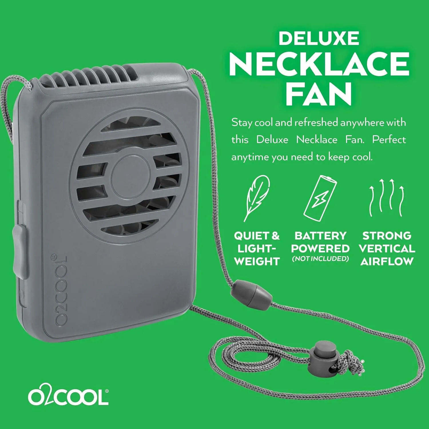 O2COOL Deluxe Necklace Fan, Battery Powered with Adjustable Lanyard, 2 Pack, Grey
