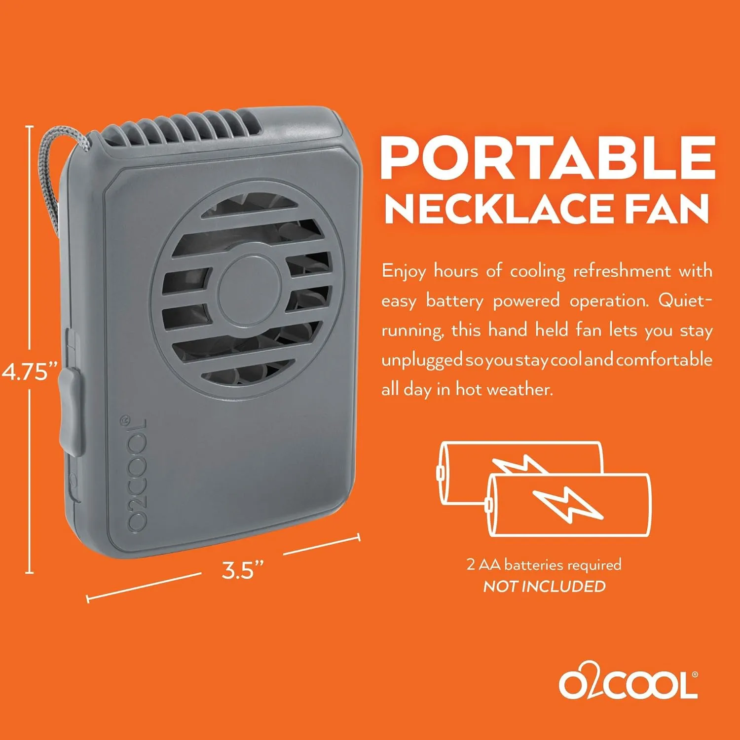 O2COOL Deluxe Necklace Fan, Battery Powered with Adjustable Lanyard, 2 Pack, Grey