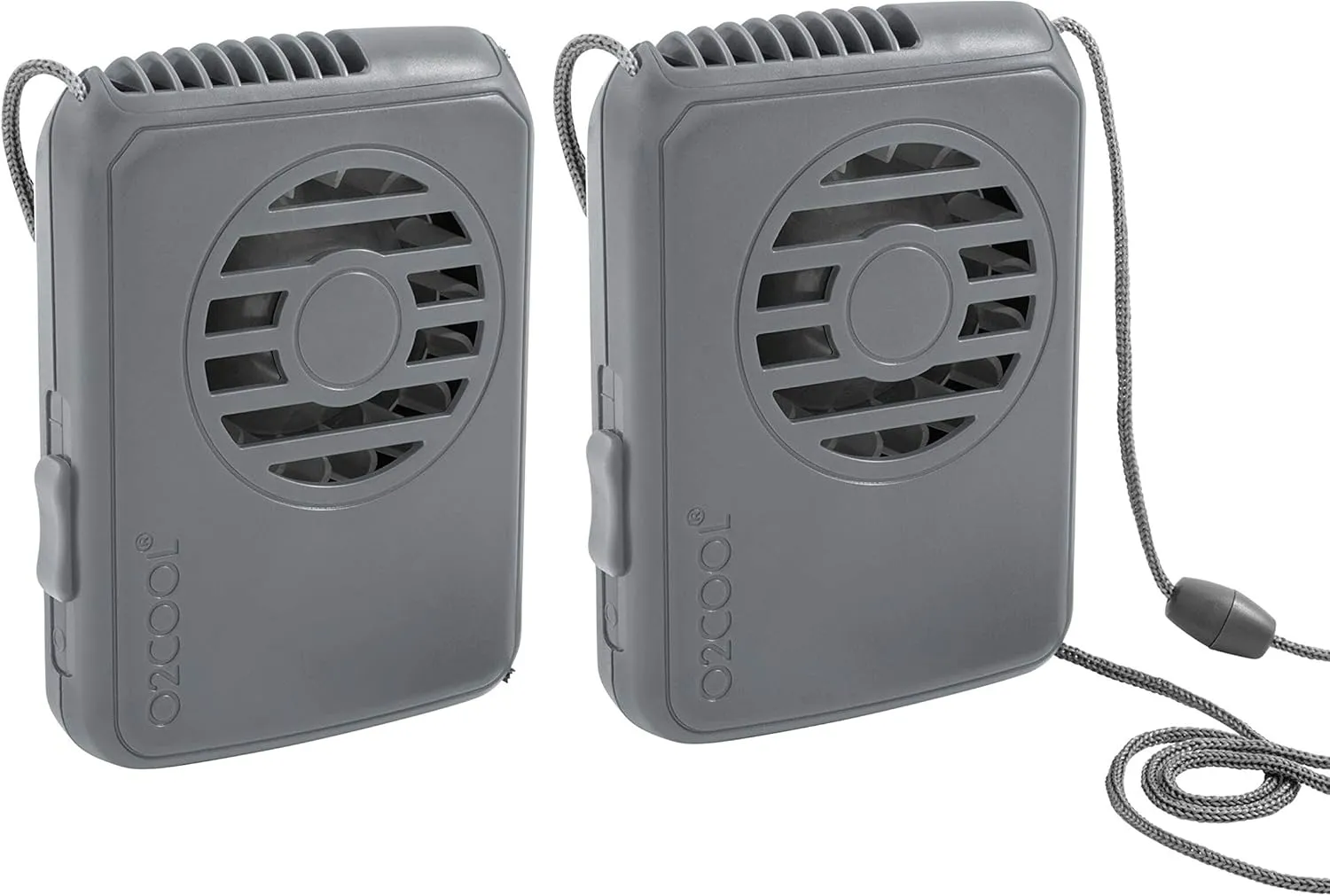 O2COOL Deluxe Necklace Fan, Battery Powered with Adjustable Lanyard, 2 Pack, Grey