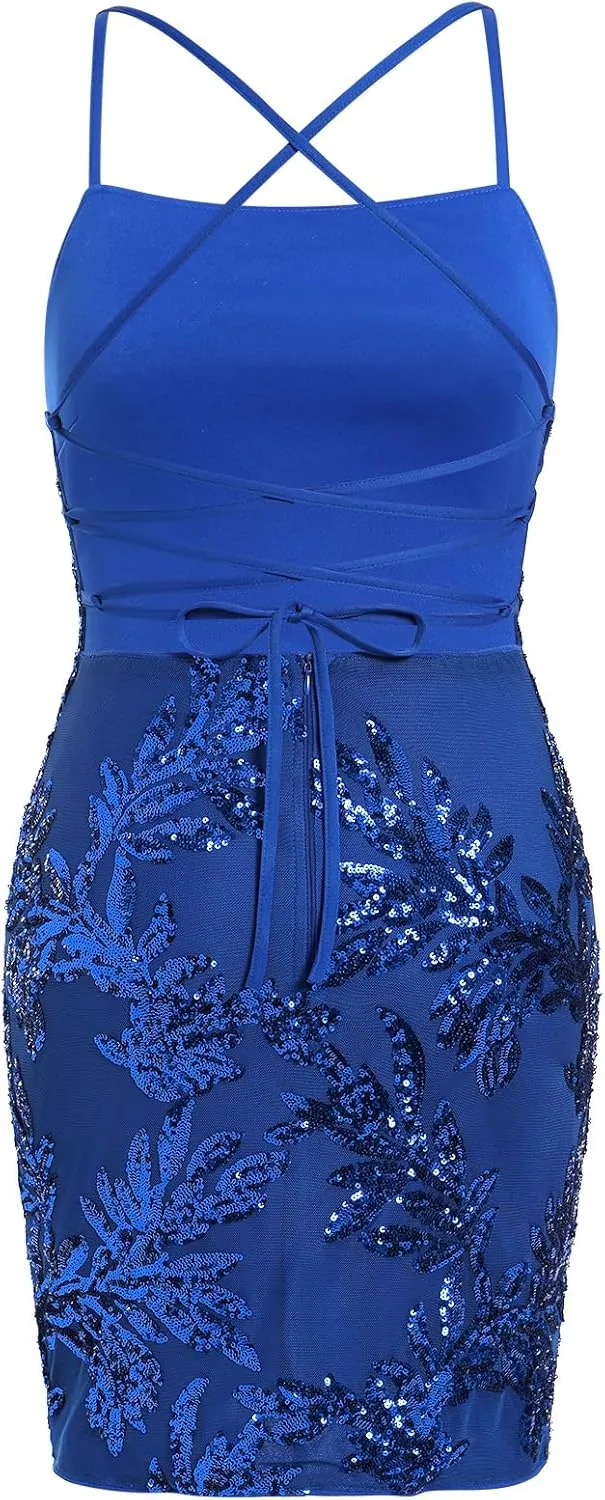 ODIZLI Women's Spaghetti Straps Sparkly Sequins Bodycon Mini Dance Homecoming Dress Party Nightclub