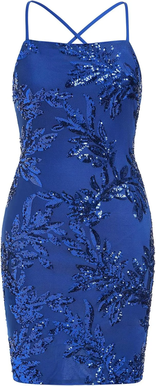 ODIZLI Women's Spaghetti Straps Sparkly Sequins Bodycon Mini Dance Homecoming Dress Party Nightclub