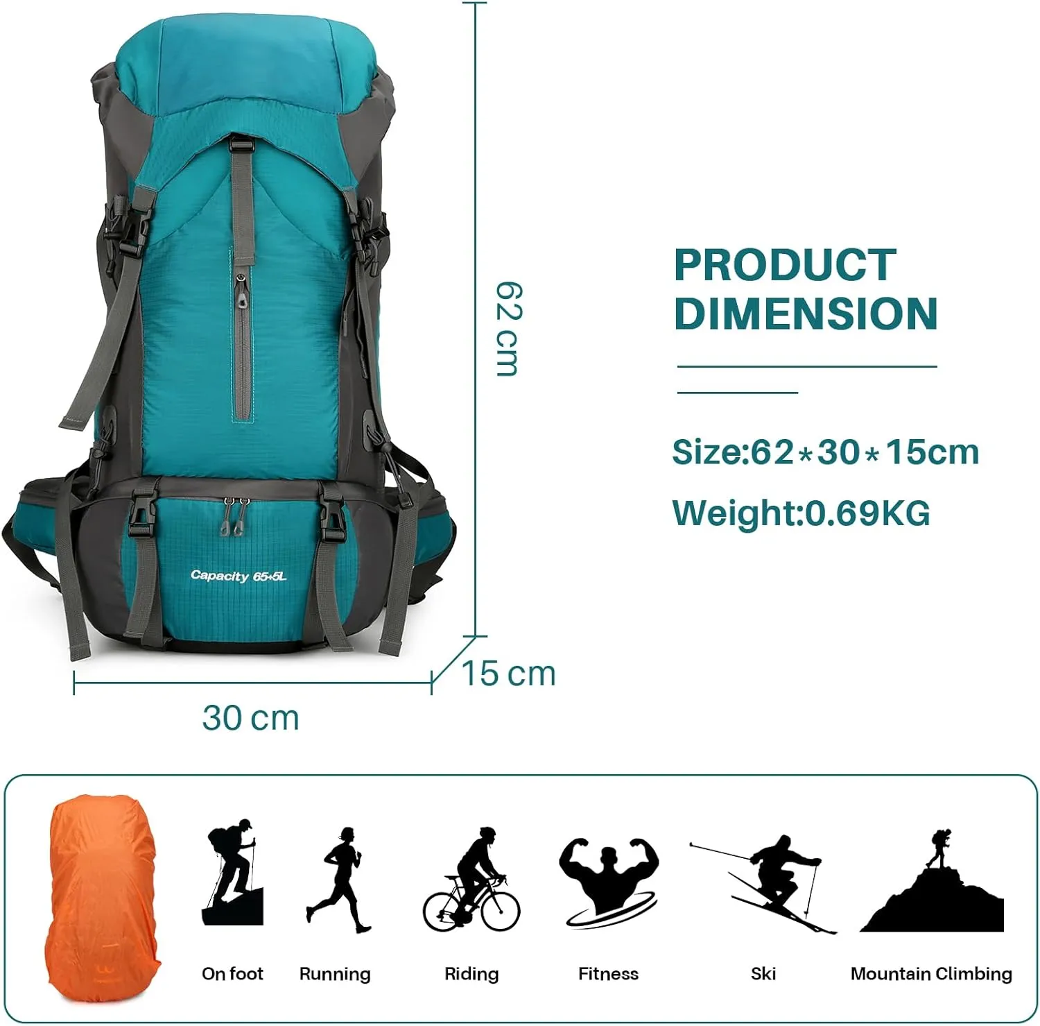 OKYUK 70L Hiking Backpack, Camping Hiking Back Pack, Water Resistant Lightweight Mountain Climbing Bag, Outdoor Camping Sport Daypack with Rain Cover, for Travel, Touring, Cycling (Green, 70L)