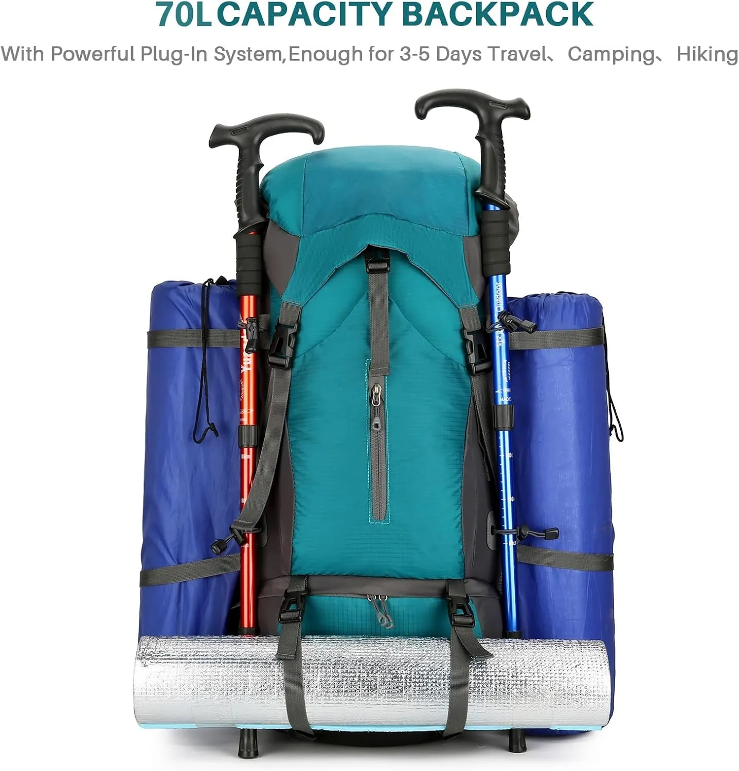 OKYUK 70L Hiking Backpack, Camping Hiking Back Pack, Water Resistant Lightweight Mountain Climbing Bag, Outdoor Camping Sport Daypack with Rain Cover, for Travel, Touring, Cycling (Green, 70L)
