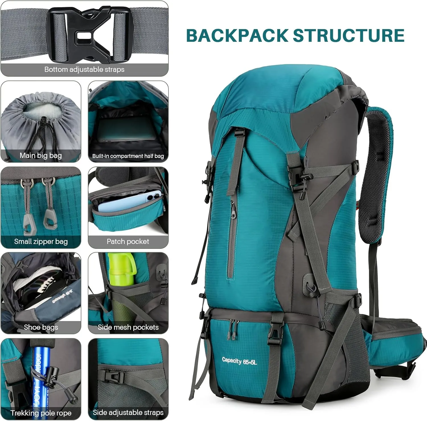 OKYUK 70L Hiking Backpack, Camping Hiking Back Pack, Water Resistant Lightweight Mountain Climbing Bag, Outdoor Camping Sport Daypack with Rain Cover, for Travel, Touring, Cycling (Green, 70L)