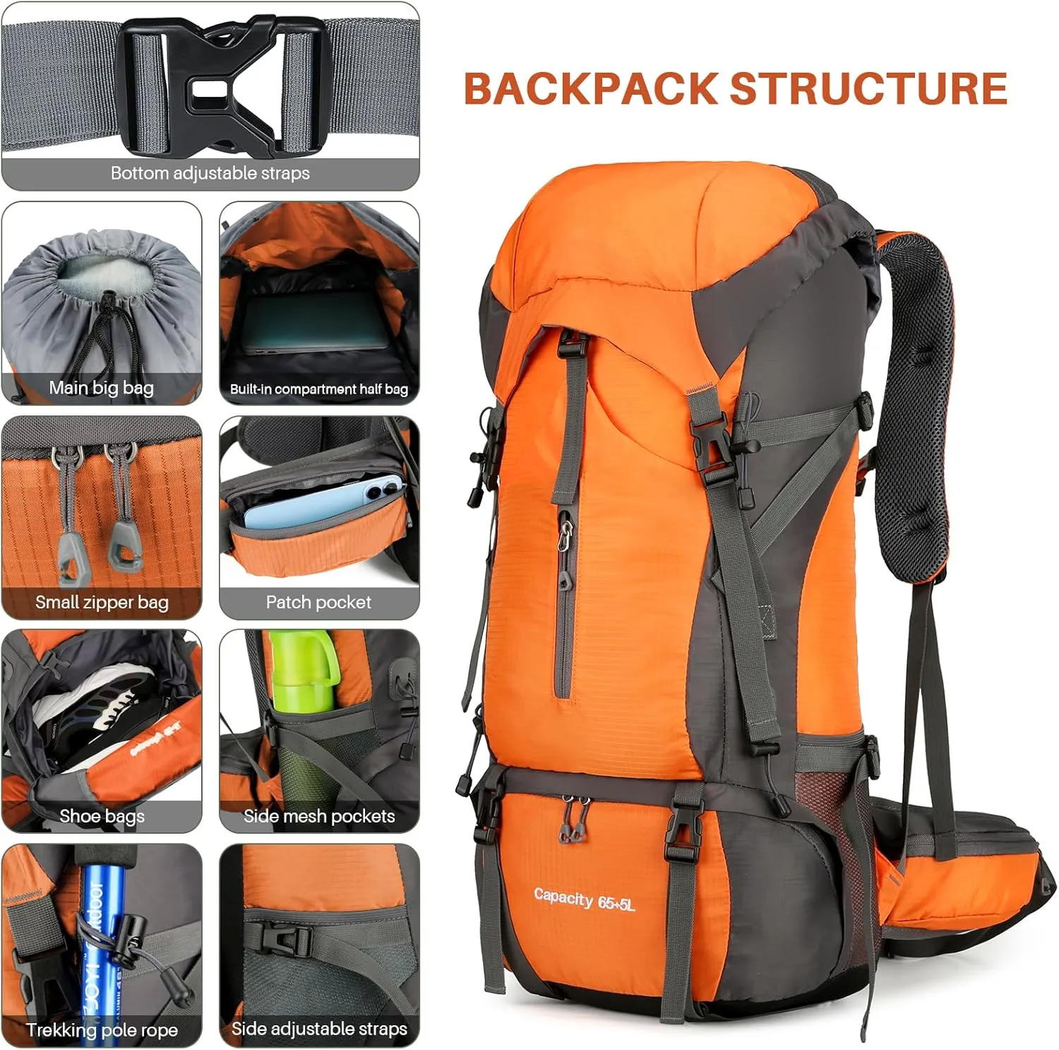 OKYUK 70L Hiking Backpack, Camping Hiking Back Pack, Water Resistant Lightweight Mountain Climbing Bag, Outdoor Camping Sport Daypack with Rain Cover, for Travel, Touring, Cycling (Orange, 70L)