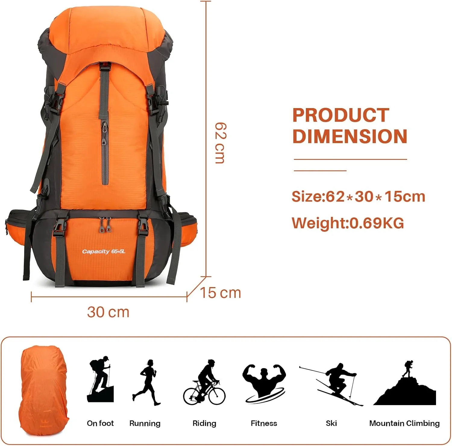OKYUK 70L Hiking Backpack, Camping Hiking Back Pack, Water Resistant Lightweight Mountain Climbing Bag, Outdoor Camping Sport Daypack with Rain Cover, for Travel, Touring, Cycling (Orange, 70L)
