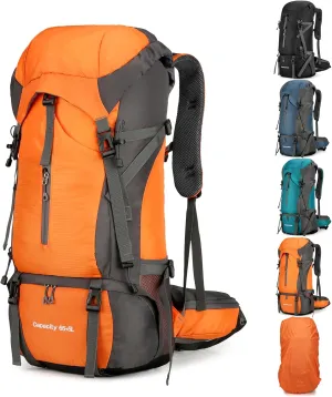 OKYUK 70L Hiking Backpack, Camping Hiking Back Pack, Water Resistant Lightweight Mountain Climbing Bag, Outdoor Camping Sport Daypack with Rain Cover, for Travel, Touring, Cycling (Orange, 70L)