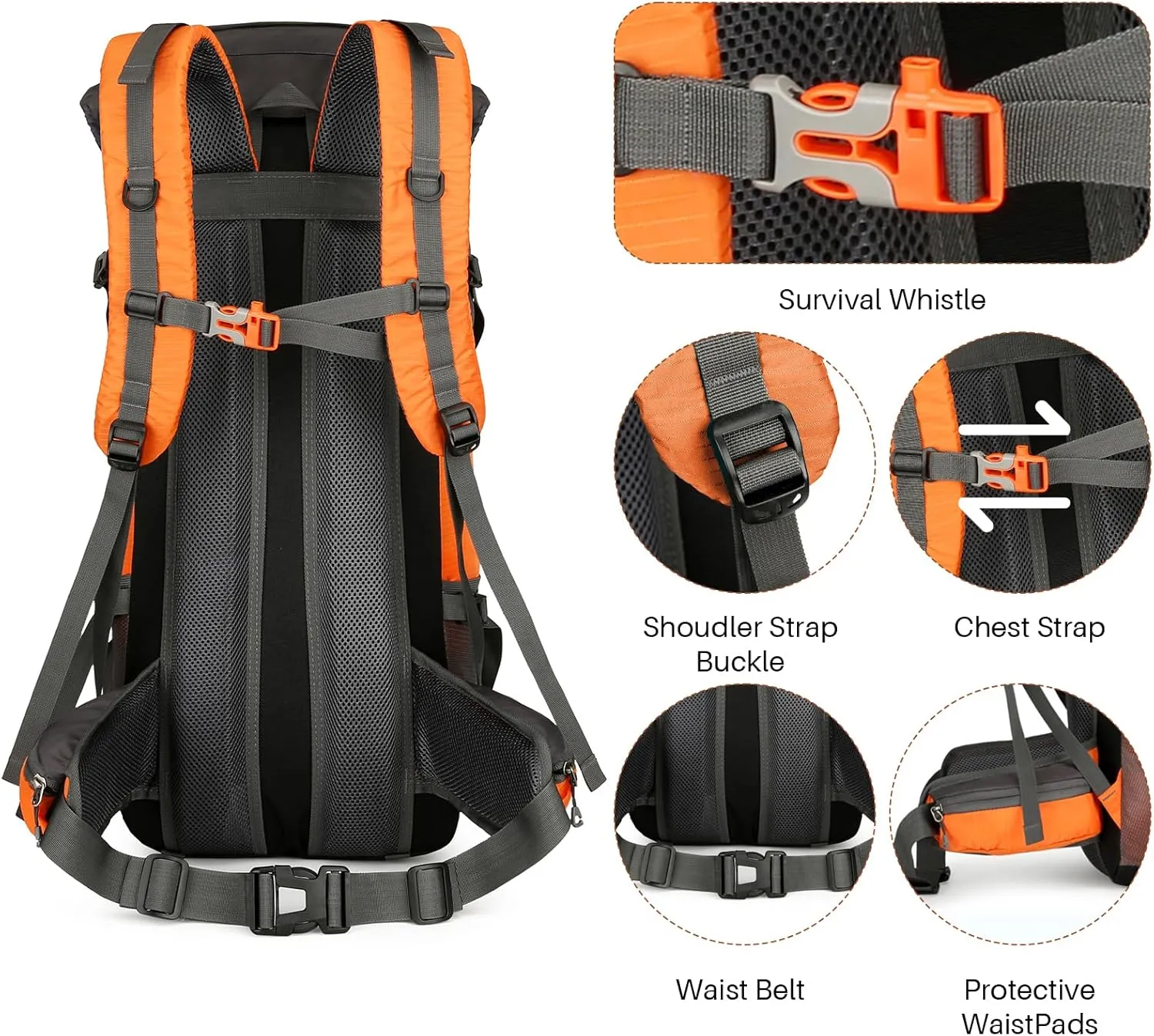 OKYUK 70L Hiking Backpack, Camping Hiking Back Pack, Water Resistant Lightweight Mountain Climbing Bag, Outdoor Camping Sport Daypack with Rain Cover, for Travel, Touring, Cycling (Orange, 70L)