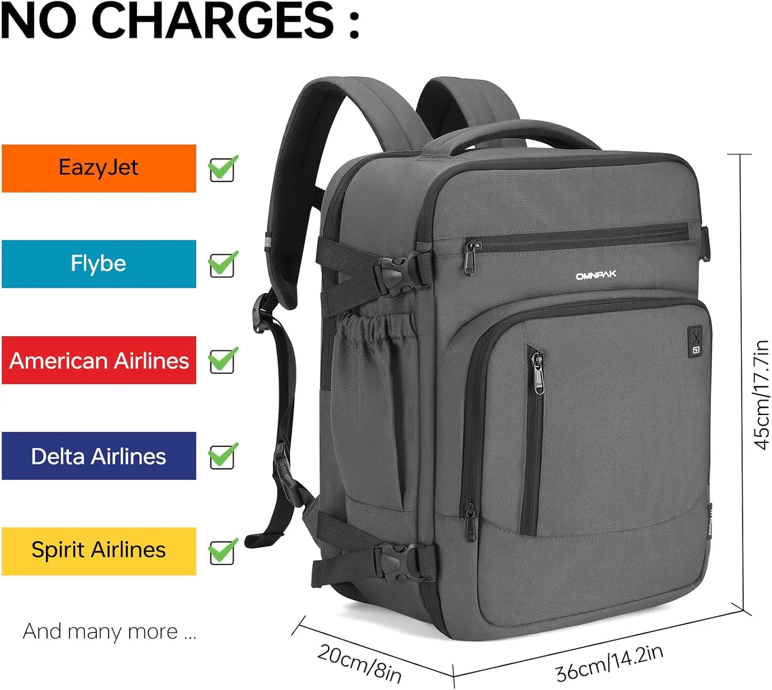 Omnpak Travel Backpack 18x14x8, Spirit Airlines Personal Item Bag with Shoe Compartment,17 Inch Laptop Backpack for men Airline Approved,Carry On Luggage with Wet Pocket, Grey