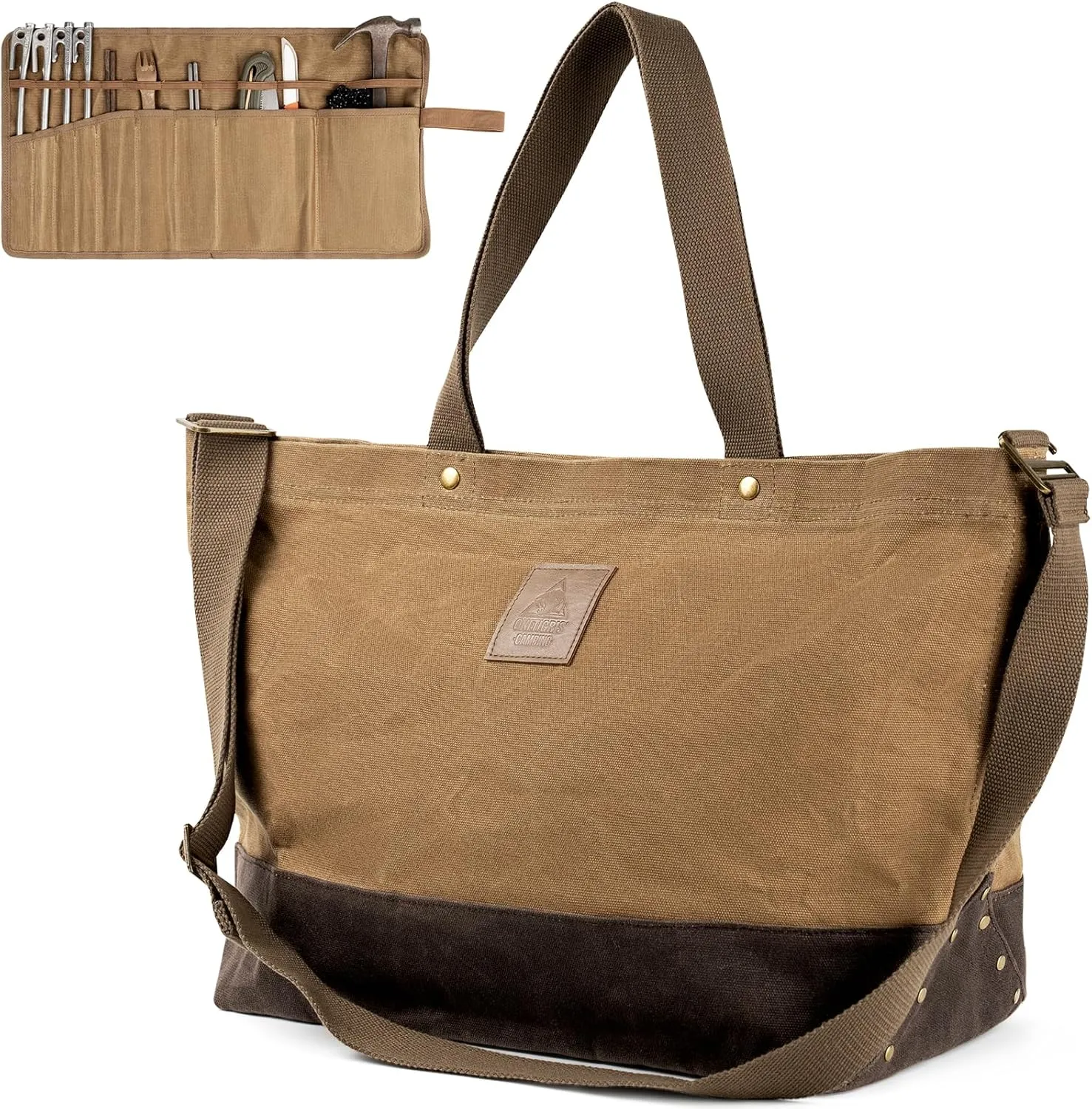 OneTigris Waxed Canvas Tool Tote Bag with Removable Tool Roll Bag, 36L Large Capacity Tool Storage Tote Bag - Heavy Duty Canvas Bag and Tactical Camping Storage Bag for Gardening,Camping Gear Firewood