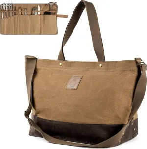 OneTigris Waxed Canvas Tool Tote Bag with Removable Tool Roll Bag, 36L Large Capacity Tool Storage Tote Bag - Heavy Duty Canvas Bag and Tactical Camping Storage Bag for Gardening,Camping Gear Firewood