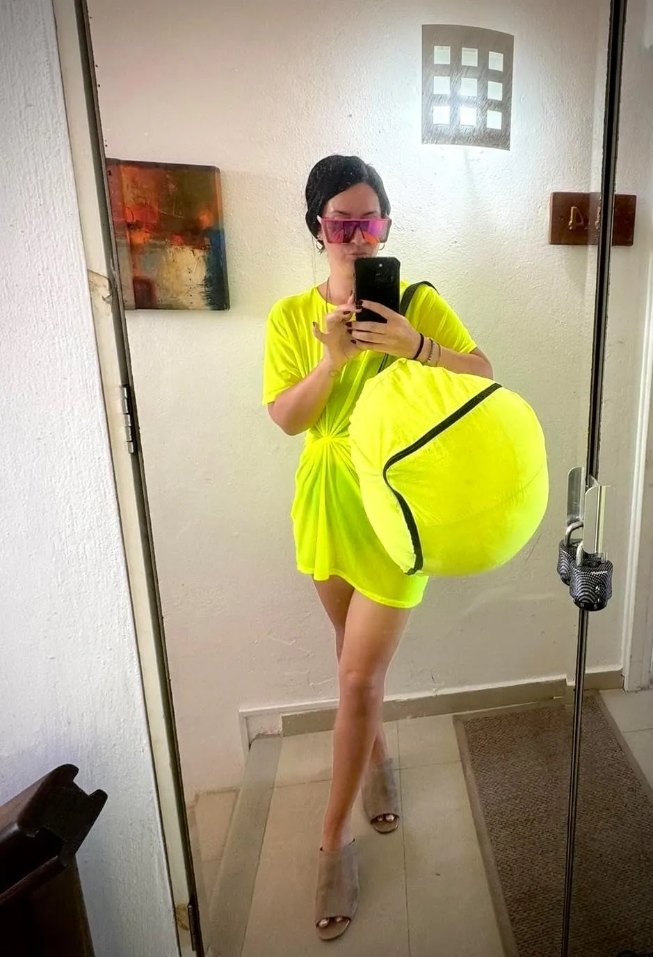 Original Travel-Anywhere Bean Bag - Neon Yellow and Black – Portable Comfort for Reclining at Beach, Picnic, Outdoor Movie, Camping; has Zippered Pouch and Adjustable Strap; fits on a Plane