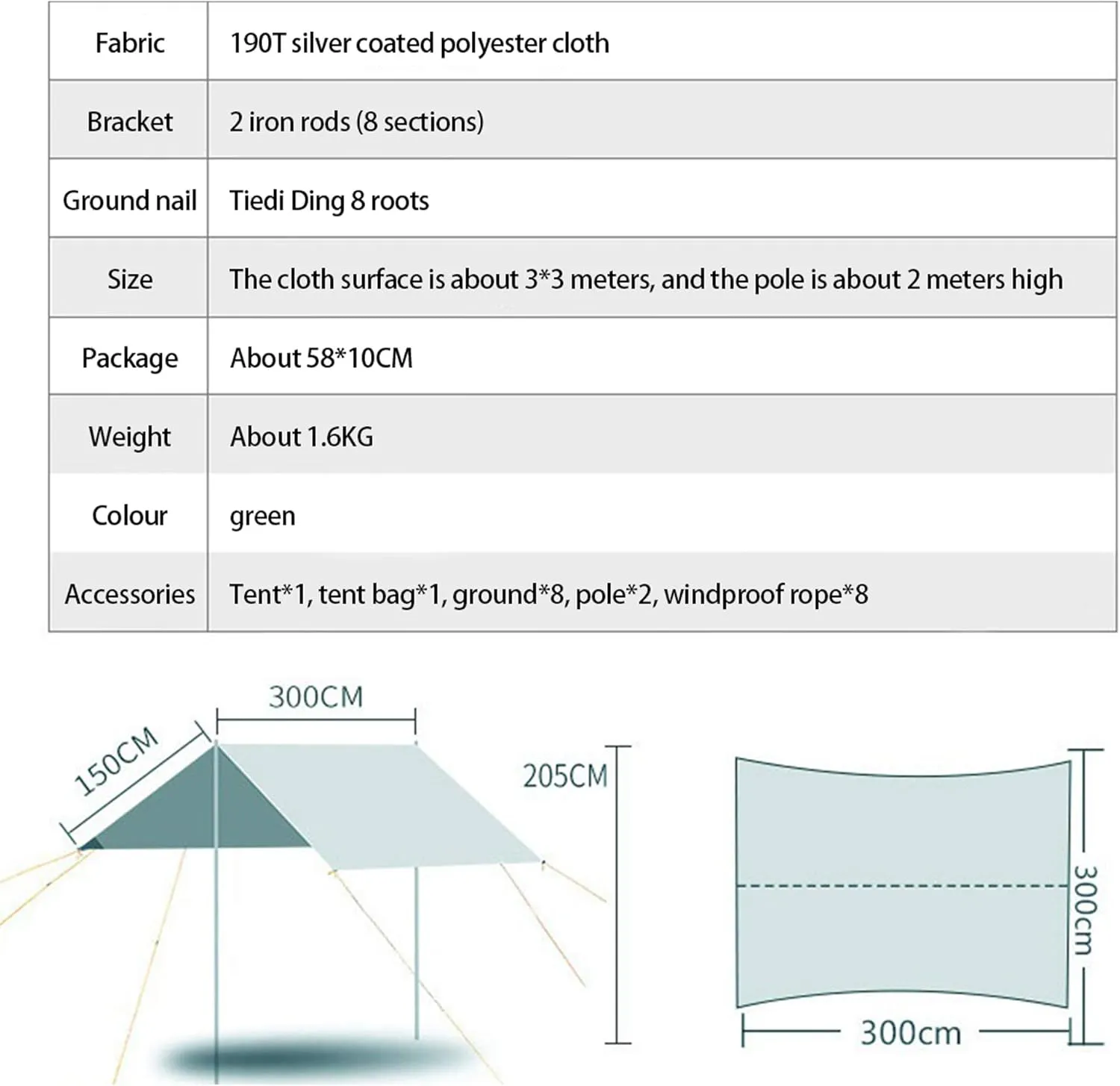 Outdoor Camping Tent Tarp Rainproof and Sunscreen Beach Shade Cloth with Silver Coating