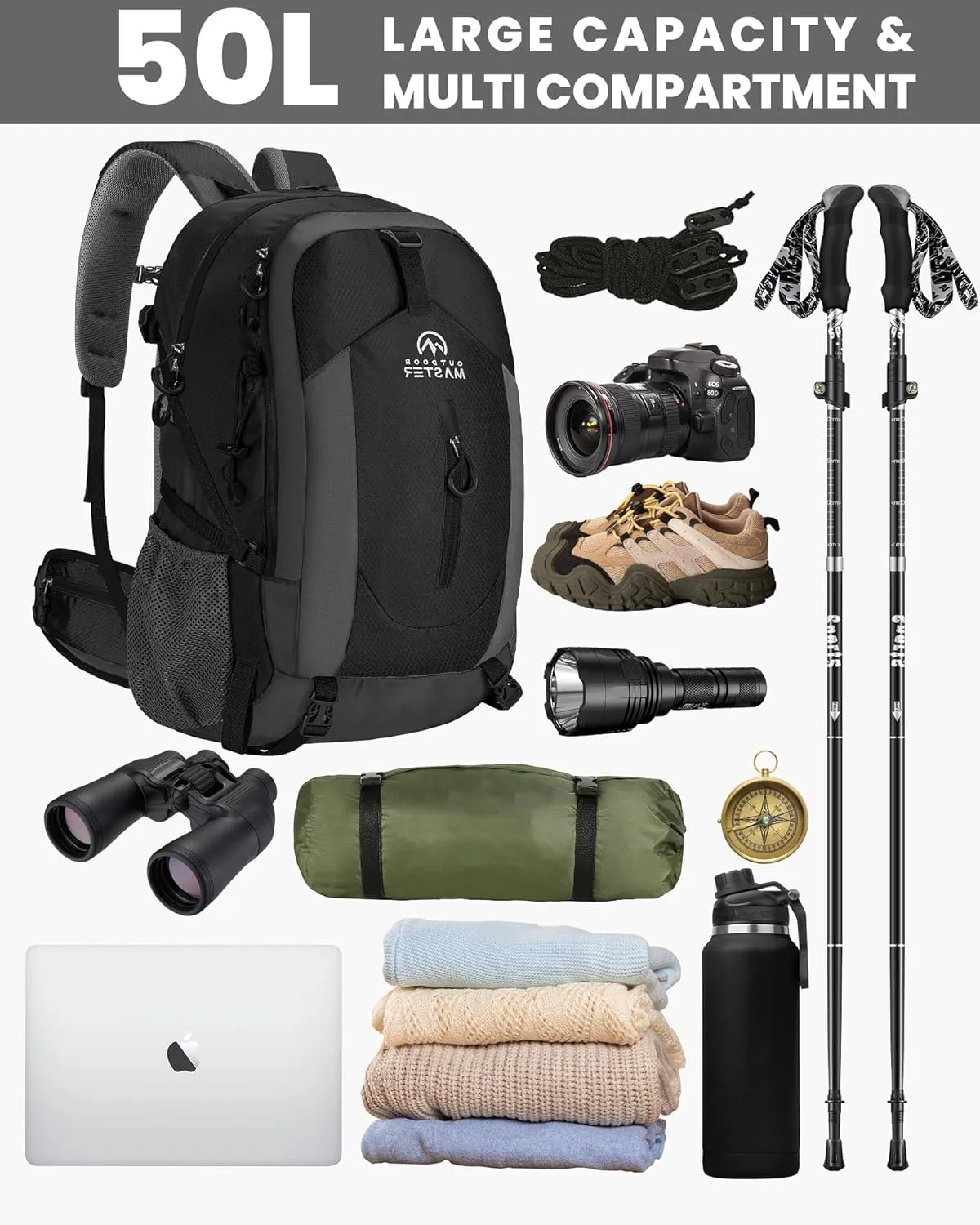 OutdoorMaster 50L Hiking Backpack with High Strength Aluminum Support, Lightweight Travel Daypack with Rain Cover, Waterproof Camping Bag for Men Women -Black