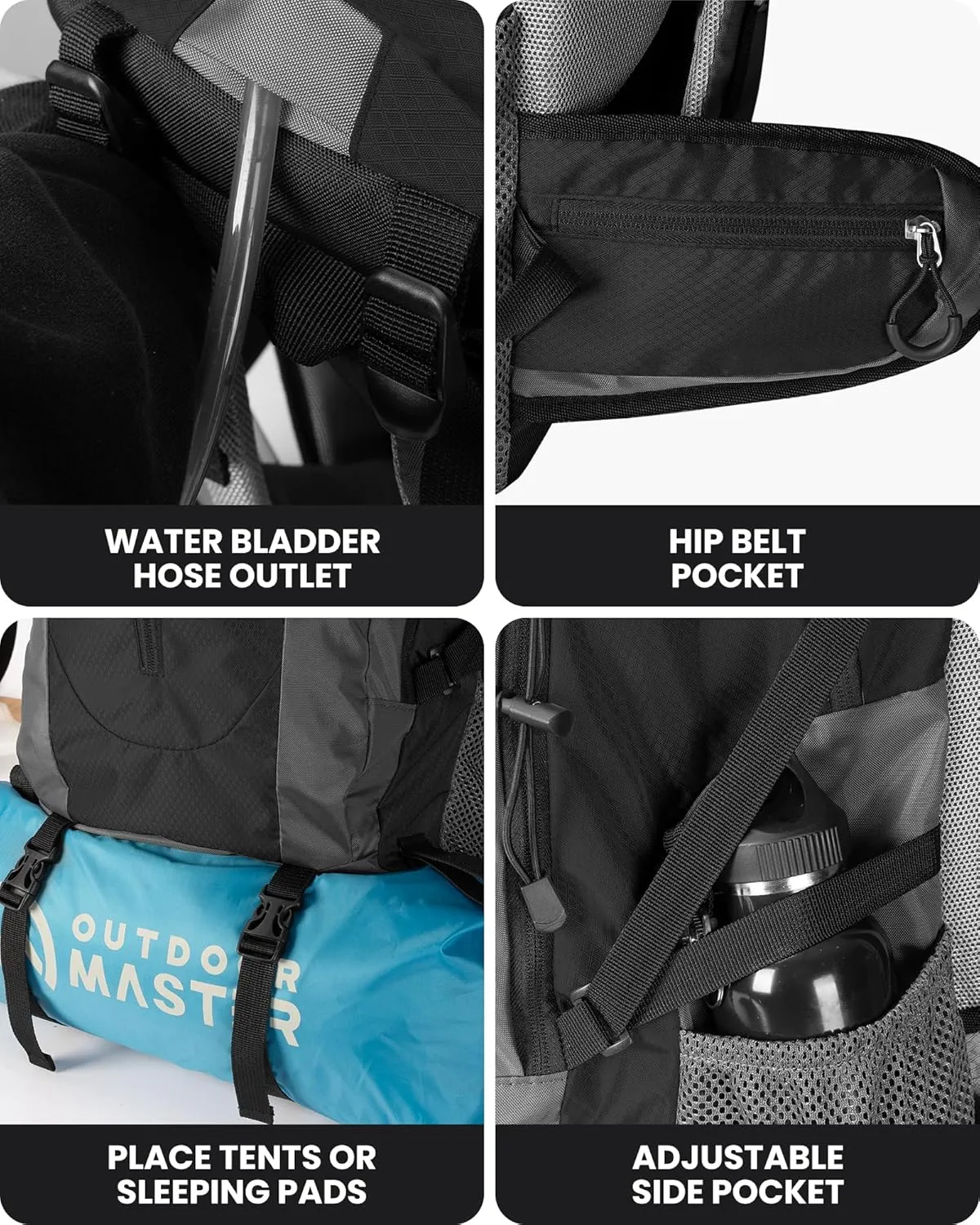 OutdoorMaster 50L Hiking Backpack with High Strength Aluminum Support, Lightweight Travel Daypack with Rain Cover, Waterproof Camping Bag for Men Women -Black