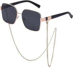 Oversized with Chain Sunglasses Women Vintage Classic Metal Frame Sun Glasses for Ladies Shades Trendy Punk Sunglass