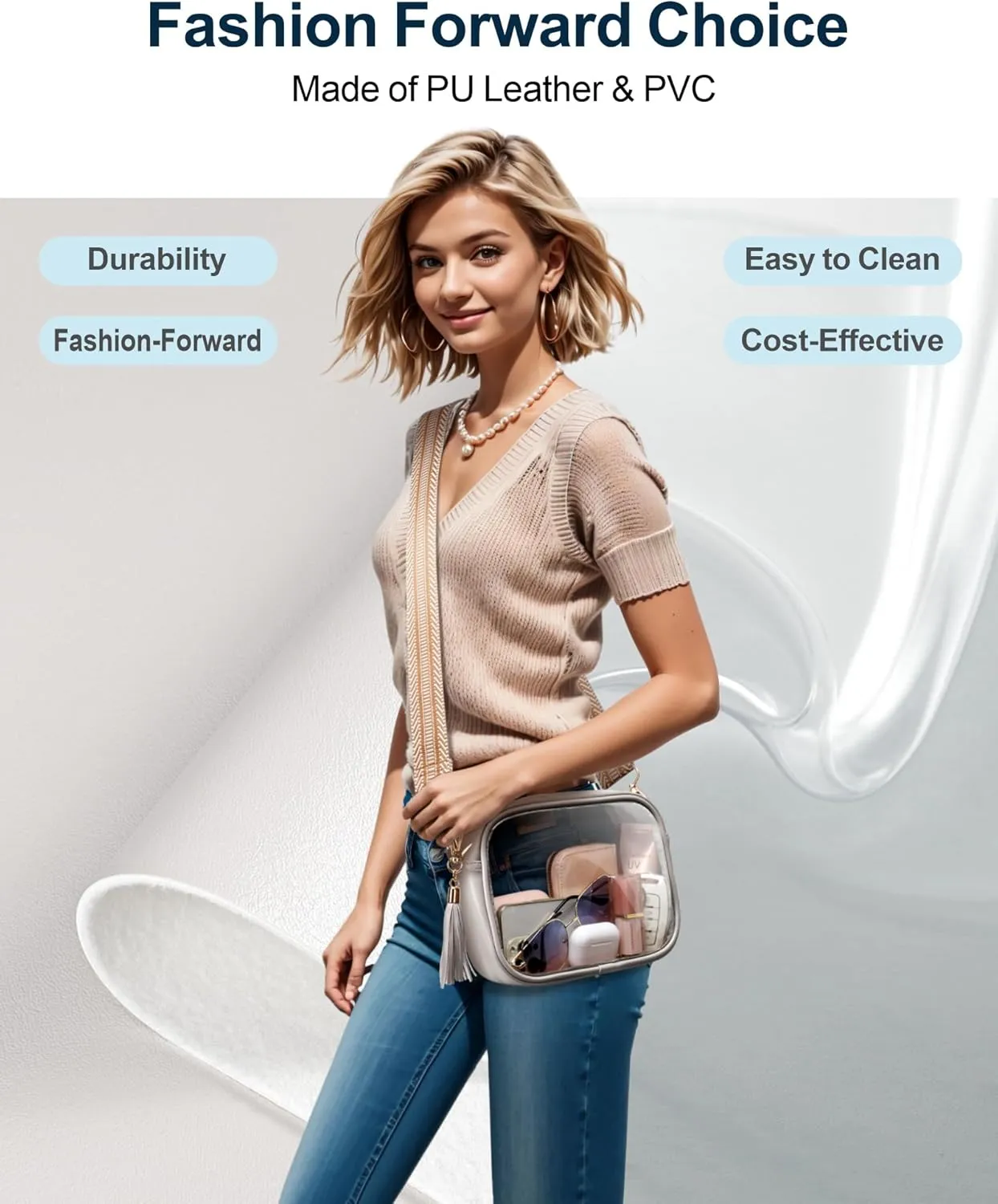 PACKISM Clear Bag for Stadium Events - Cute Clear Purse for Women Crossbody & Adjustable Chain for Sports Games Concerts