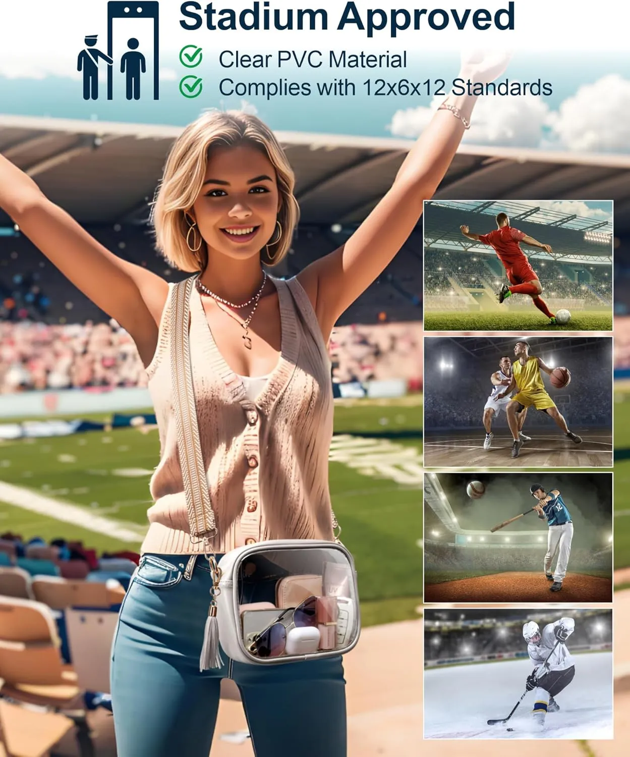 PACKISM Clear Bag for Stadium Events - Cute Clear Purse for Women Crossbody & Adjustable Chain for Sports Games Concerts