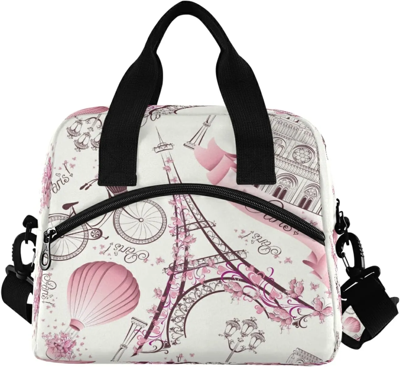 Paris Eiffel Tower Flower Lunch Bag Reusable Lunch Tote Bag Thermal Cooler Bag Insulated Lunch Box with Adjustable Shoulder Strap for Office School Outdoor Picnic