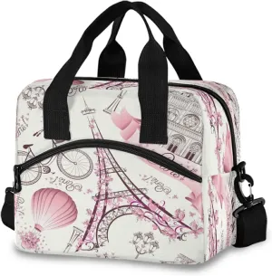 Paris Eiffel Tower Flower Lunch Bag Reusable Lunch Tote Bag Thermal Cooler Bag Insulated Lunch Box with Adjustable Shoulder Strap for Office School Outdoor Picnic