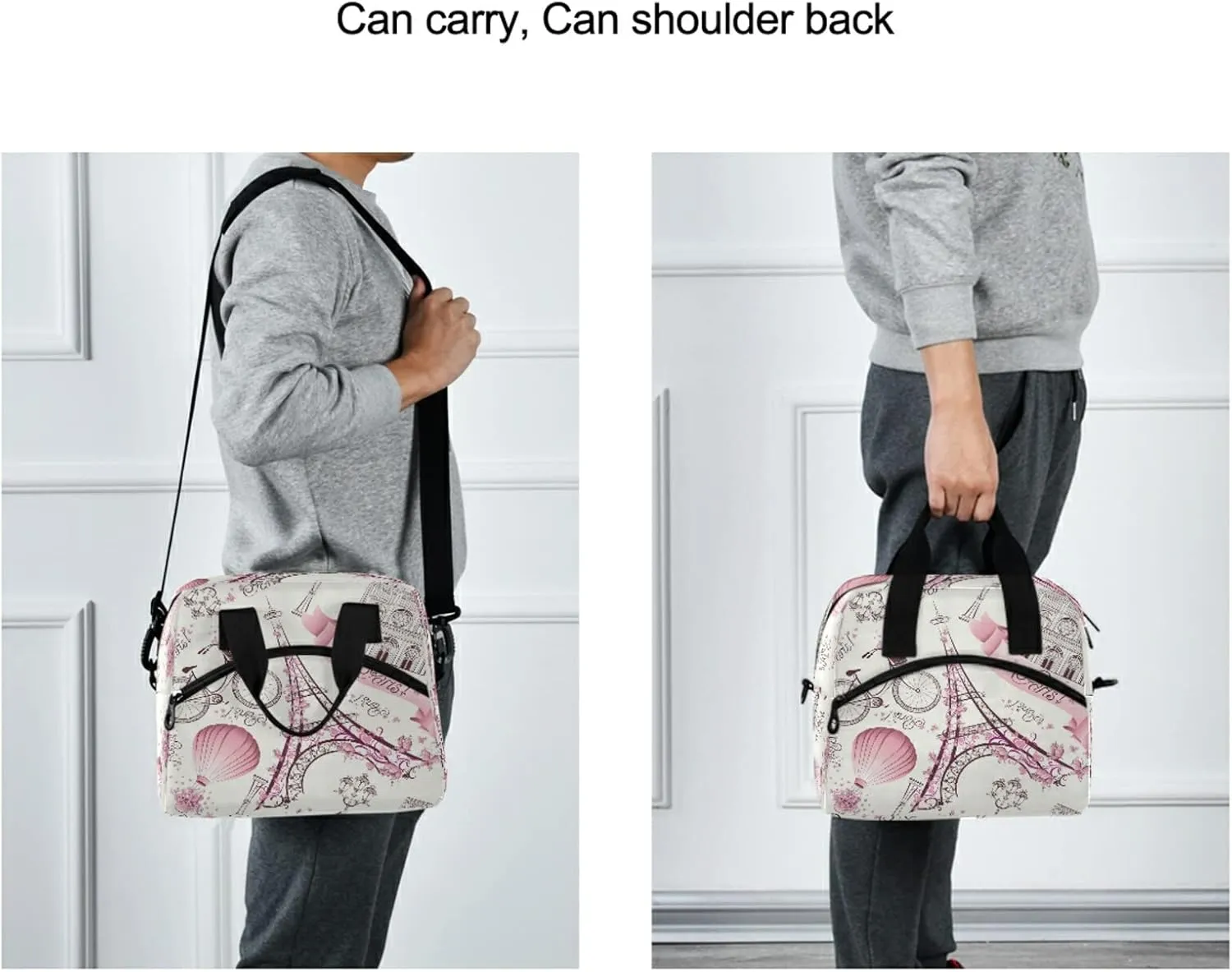 Paris Eiffel Tower Flower Lunch Bag Reusable Lunch Tote Bag Thermal Cooler Bag Insulated Lunch Box with Adjustable Shoulder Strap for Office School Outdoor Picnic