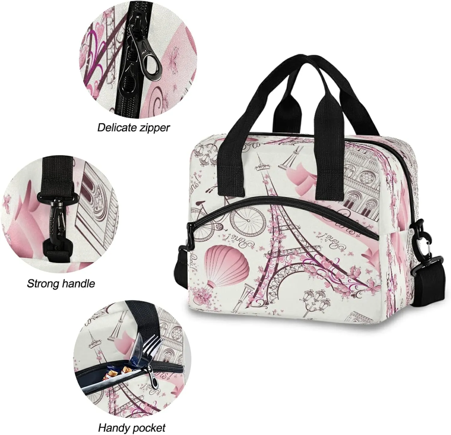 Paris Eiffel Tower Flower Lunch Bag Reusable Lunch Tote Bag Thermal Cooler Bag Insulated Lunch Box with Adjustable Shoulder Strap for Office School Outdoor Picnic