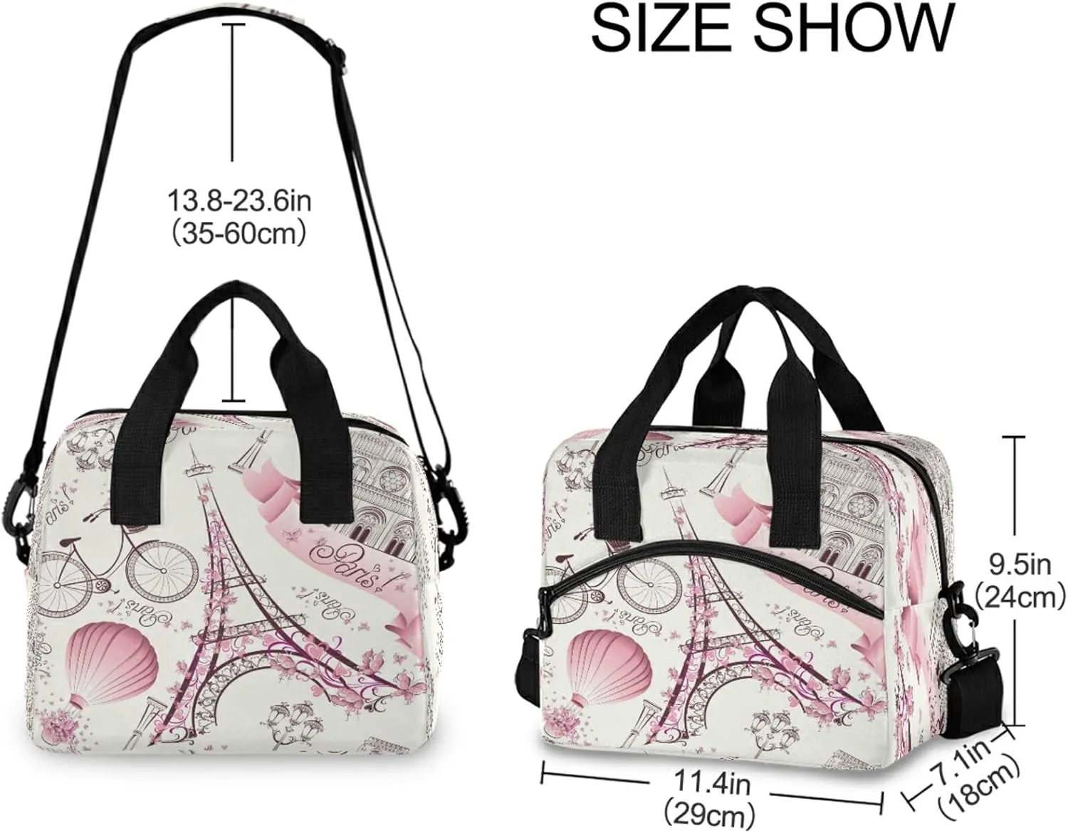 Paris Eiffel Tower Flower Lunch Bag Reusable Lunch Tote Bag Thermal Cooler Bag Insulated Lunch Box with Adjustable Shoulder Strap for Office School Outdoor Picnic