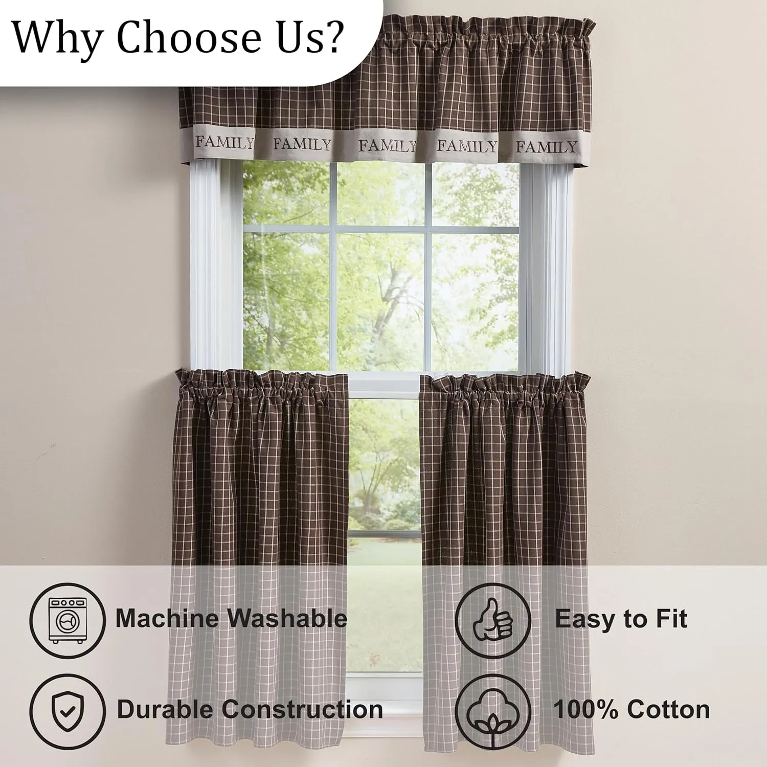 Park Designs Family Valance 60" x 14", Plaid Brown Window Valances with Typography, Traditional Country Style Window Dressings for Modern Home Decor