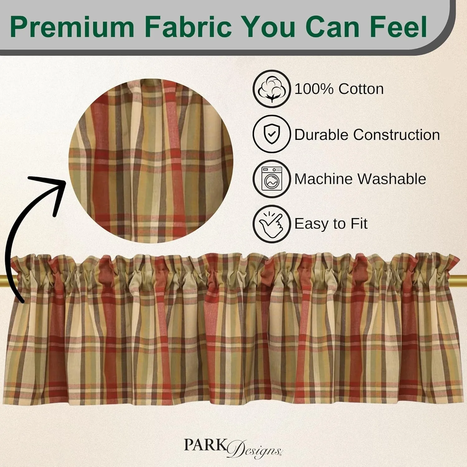 Park Designs Farmhouse Kitchen Valances for Windows - Red Heartfelt | Fall Decor Window Valance Curtain | Plaid Curtain Windows | 72"x14"