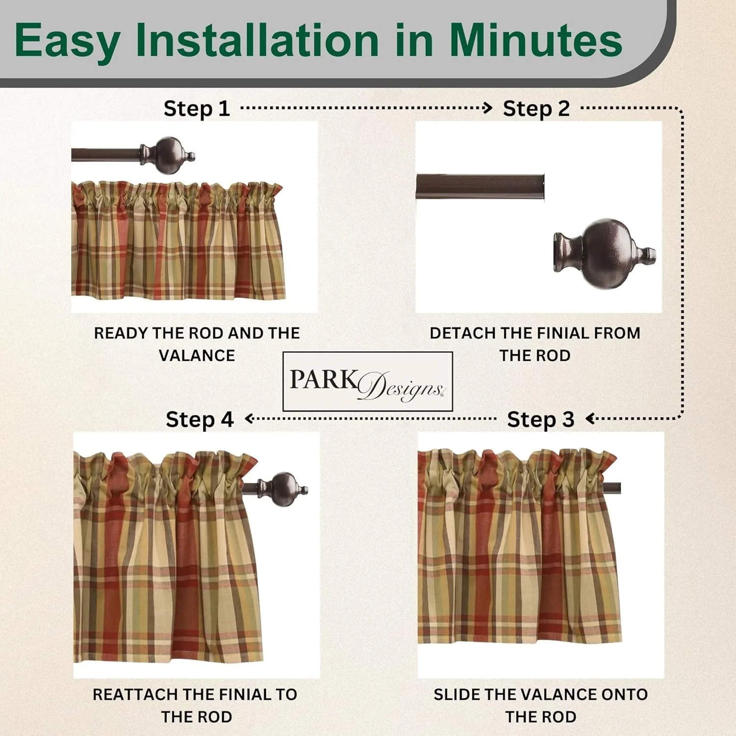 Park Designs Farmhouse Kitchen Valances for Windows - Red Heartfelt | Fall Decor Window Valance Curtain | Plaid Curtain Windows | 72"x14"