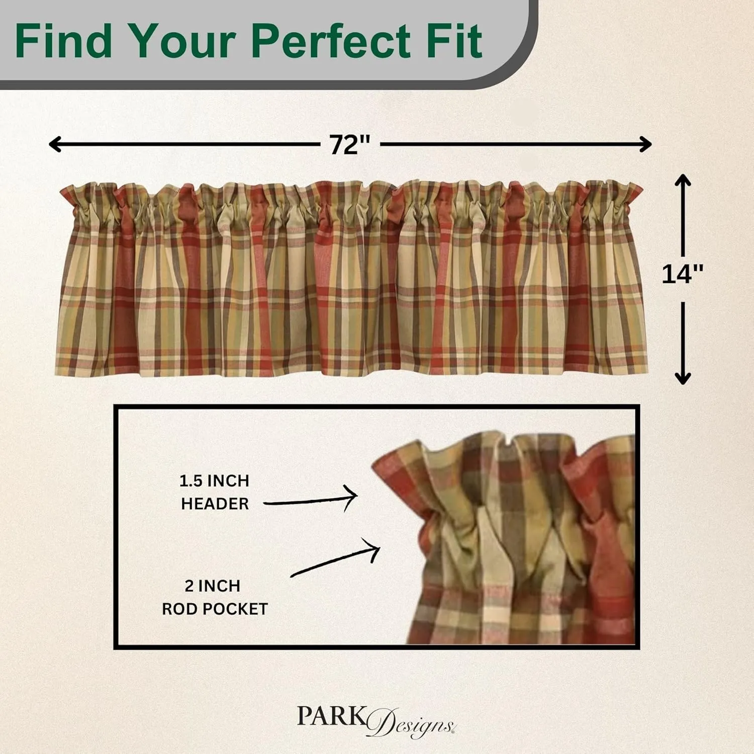 Park Designs Farmhouse Kitchen Valances for Windows - Red Heartfelt | Fall Decor Window Valance Curtain | Plaid Curtain Windows | 72"x14"
