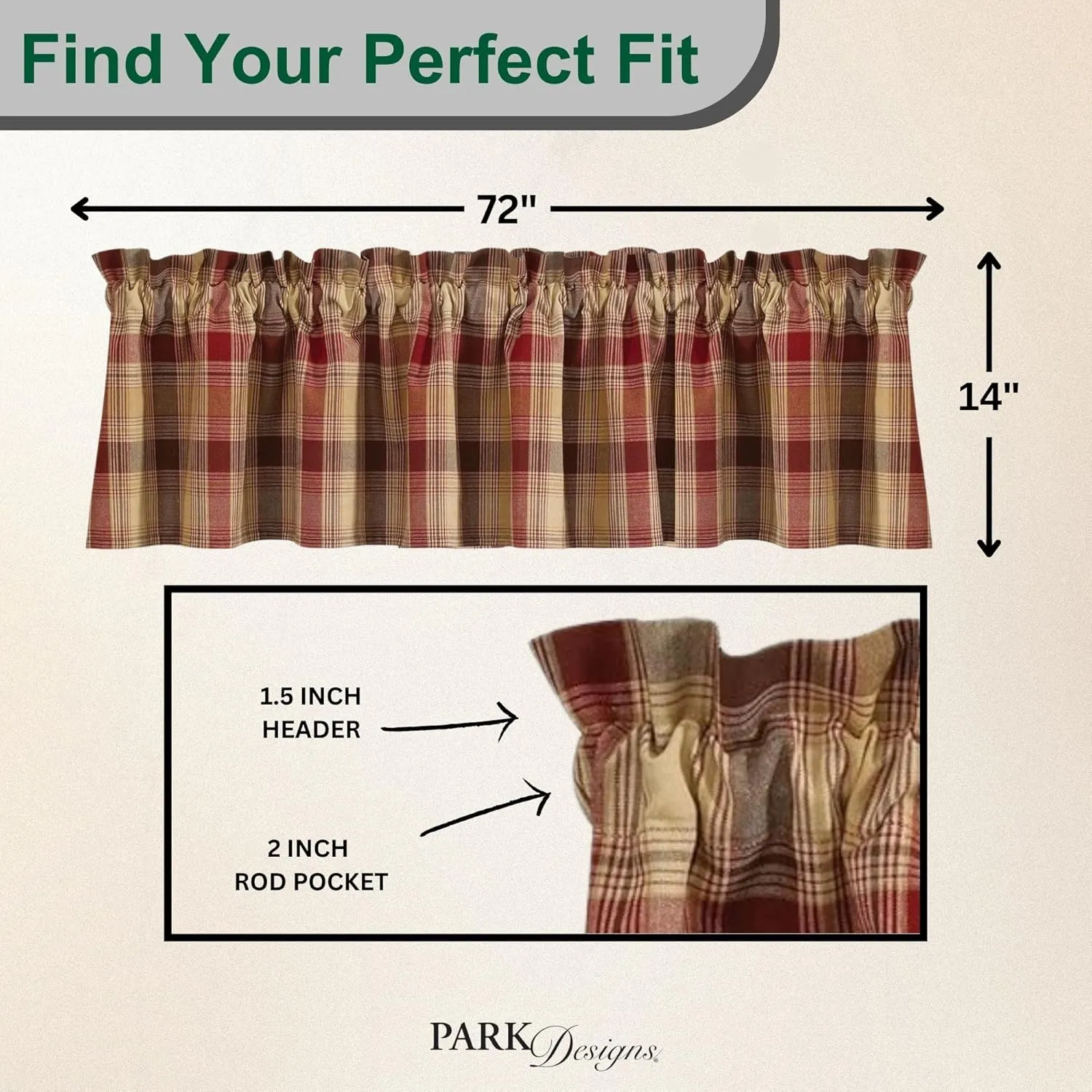 Park Designs Farmhouse Kitchen Valances for Windows - Red Heartside | Fall Decor Window Valance | Plaid Curtain Valances for Windows | 72" x 14"