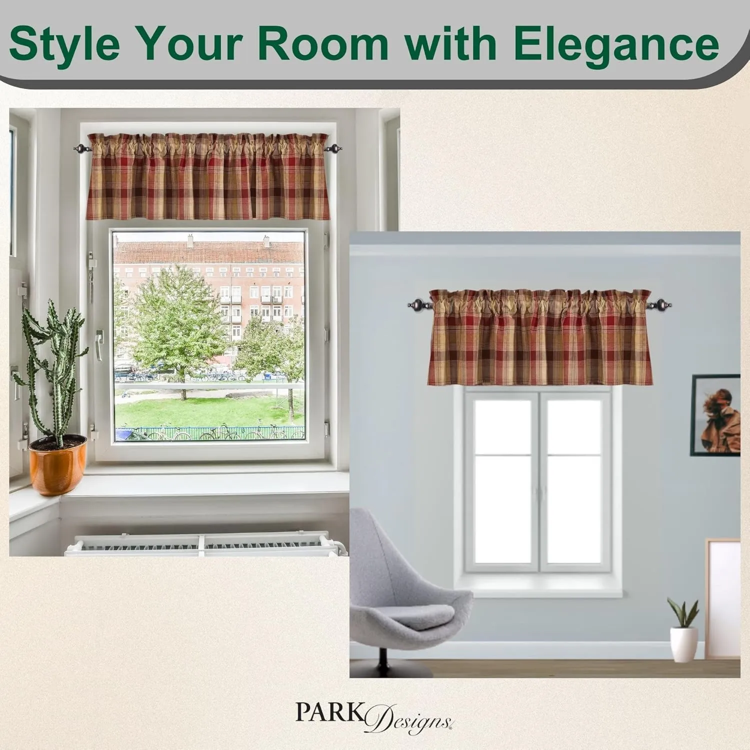 Park Designs Farmhouse Kitchen Valances for Windows - Red Heartside | Fall Decor Window Valance | Plaid Curtain Valances for Windows | 72" x 14"