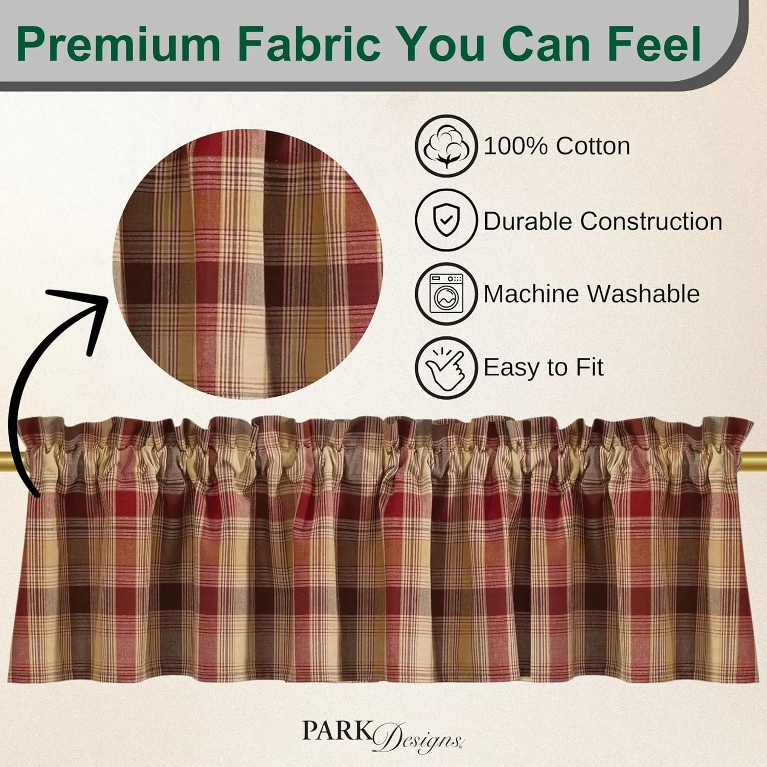 Park Designs Farmhouse Kitchen Valances for Windows - Red Heartside | Fall Decor Window Valance | Plaid Curtain Valances for Windows | 72" x 14"